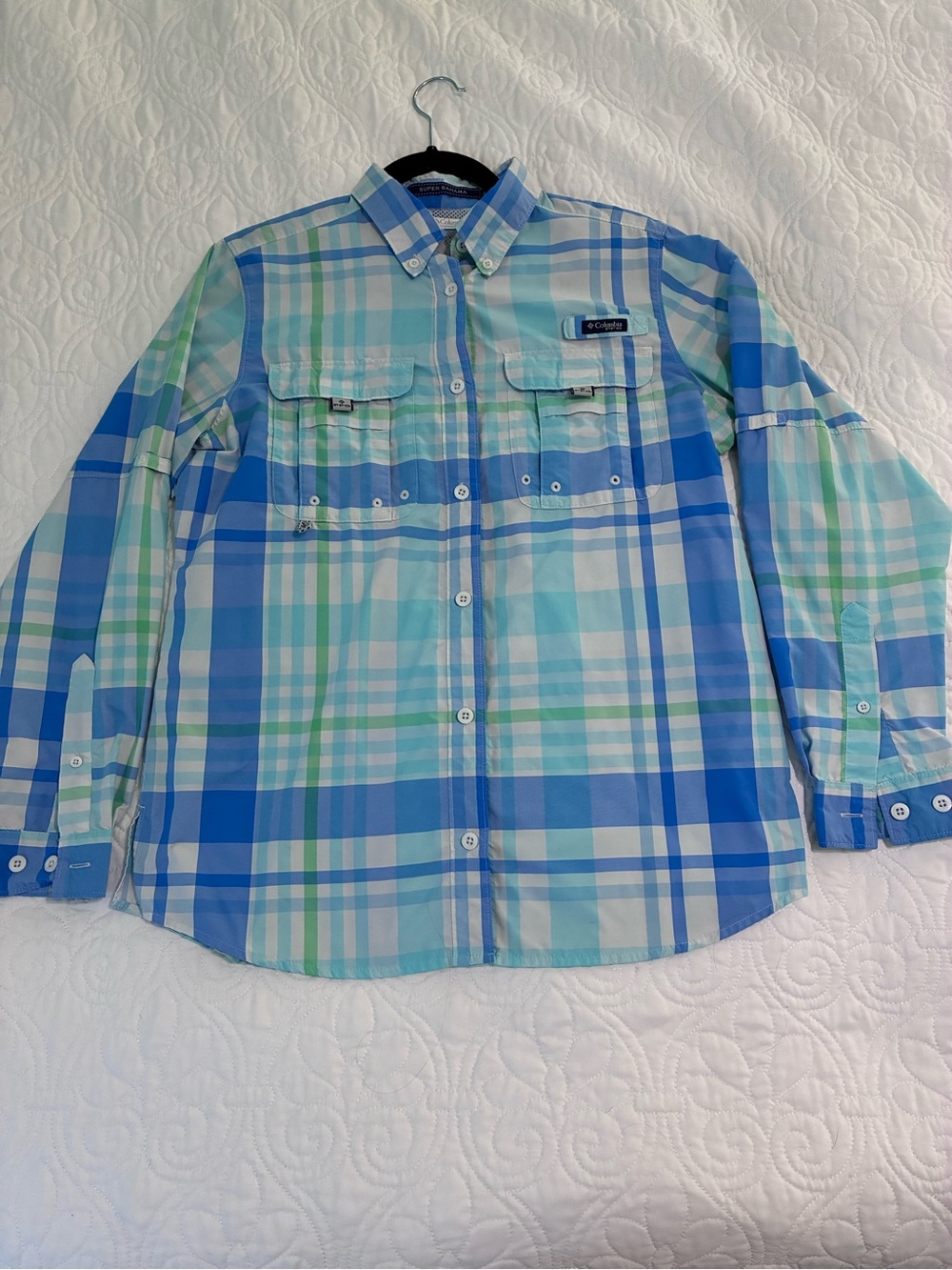 Columbia Men's PFG Blue & Green Plaid Long-Sleeve Button-Down Shirt